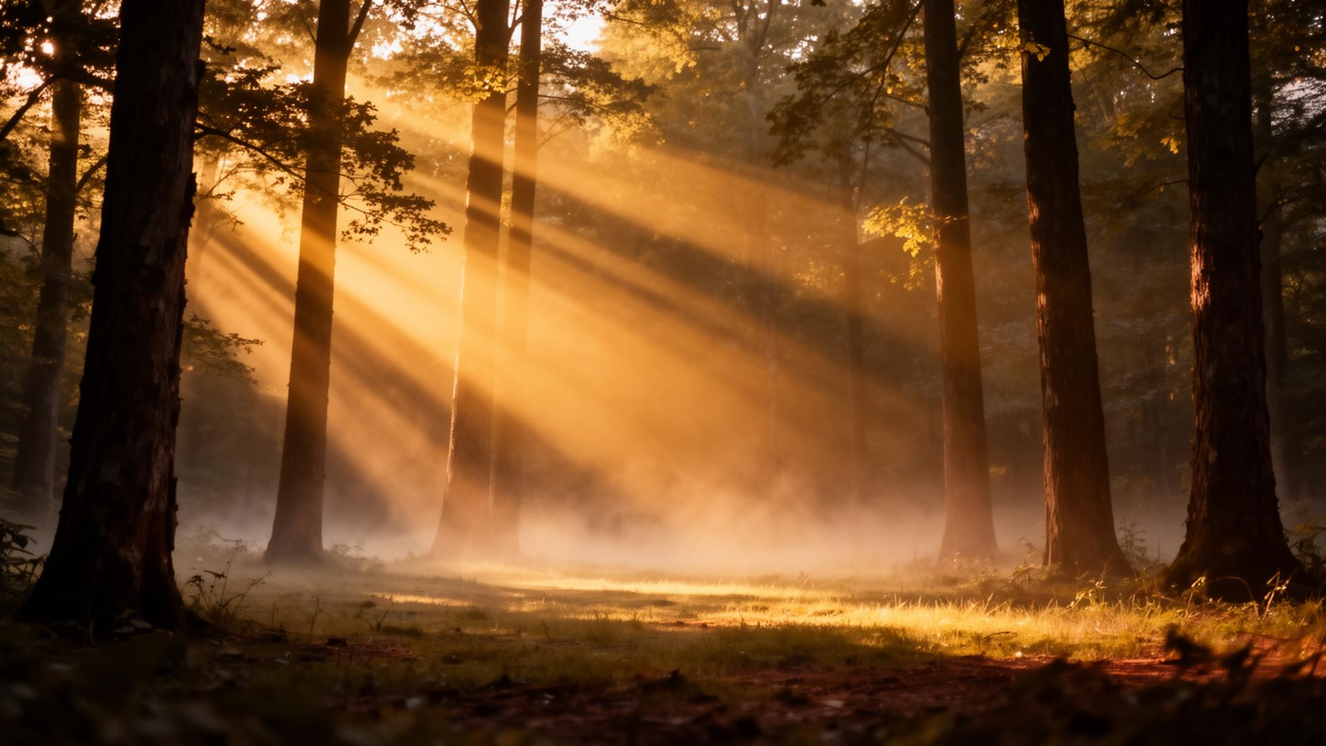 Clairière calme à l'aube, rayons obliques entre les arbres