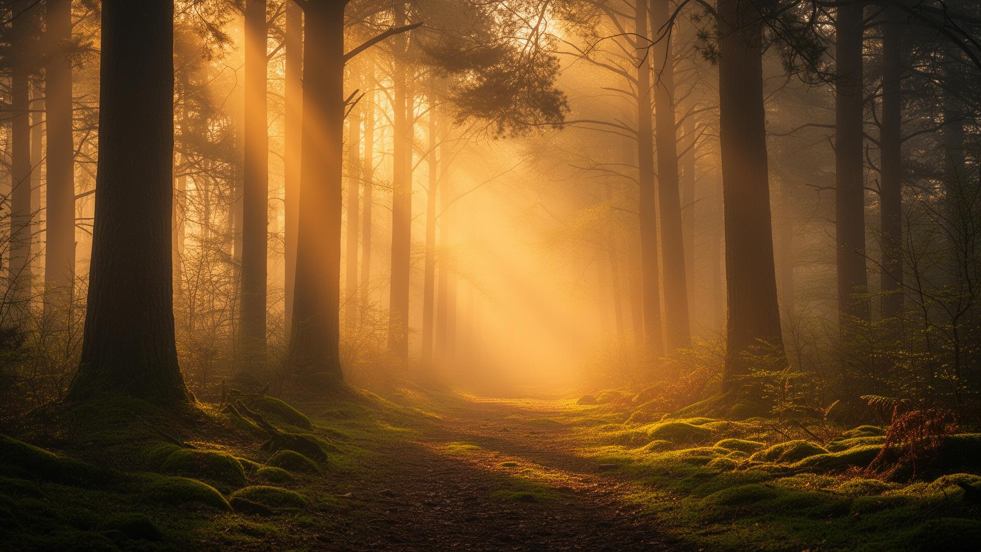 Sentier de forêt baigné de lumière dorée traversant la brume
