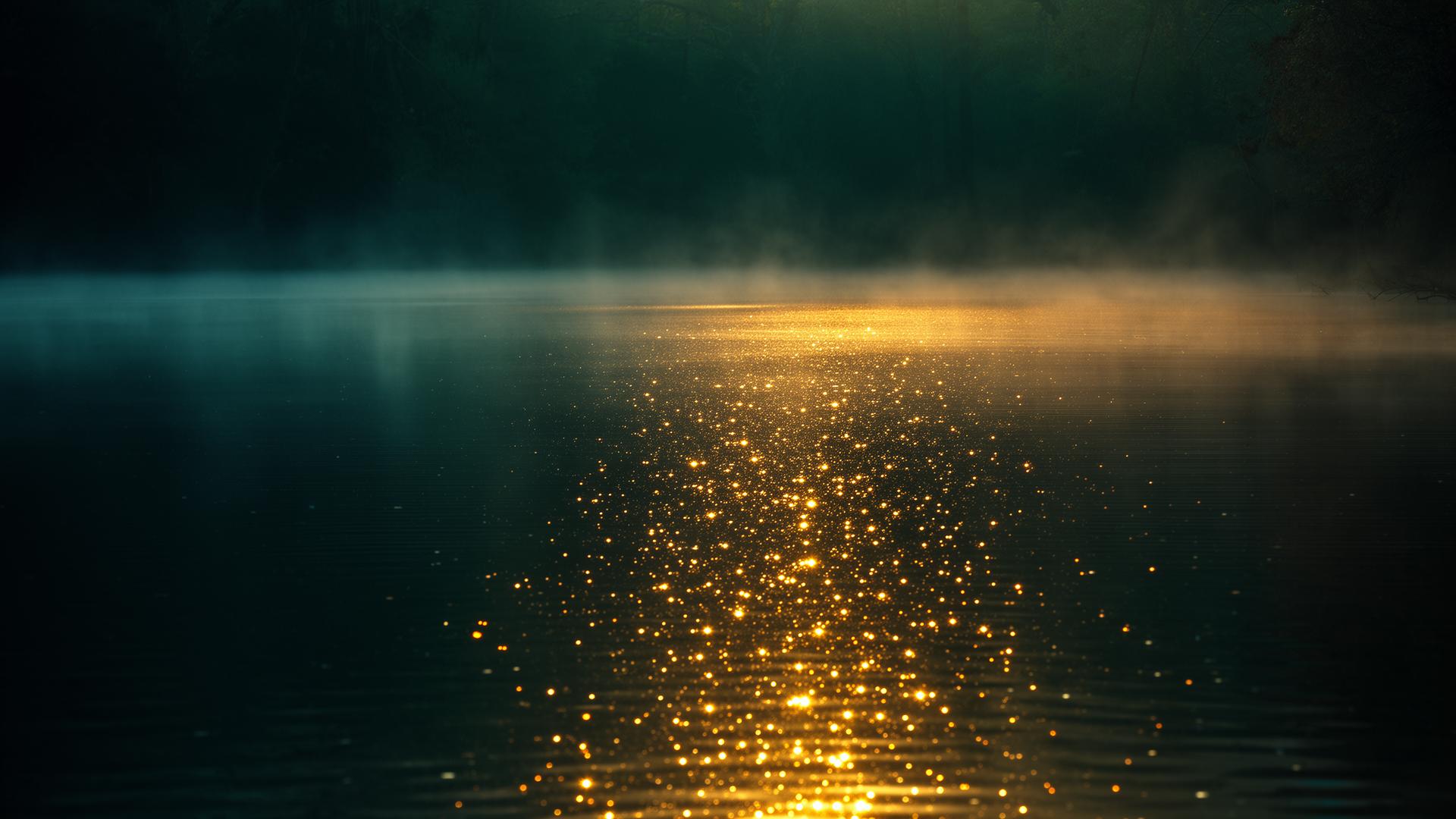 Surface d'eau noire constellée de reflets dorés et brume basse