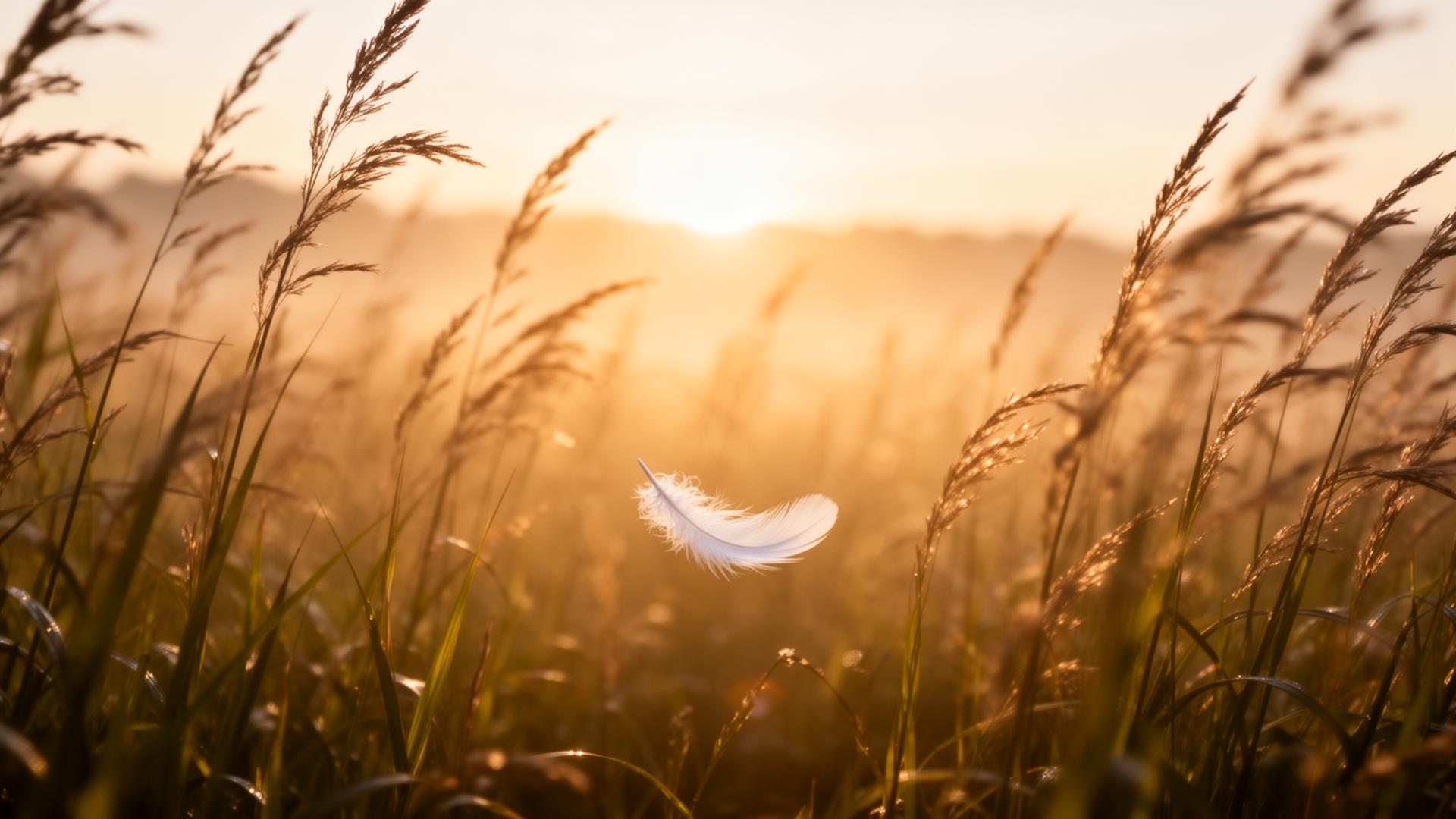 Plume blanche flottant dans la lumière dorée au-dessus d'herbes hautes